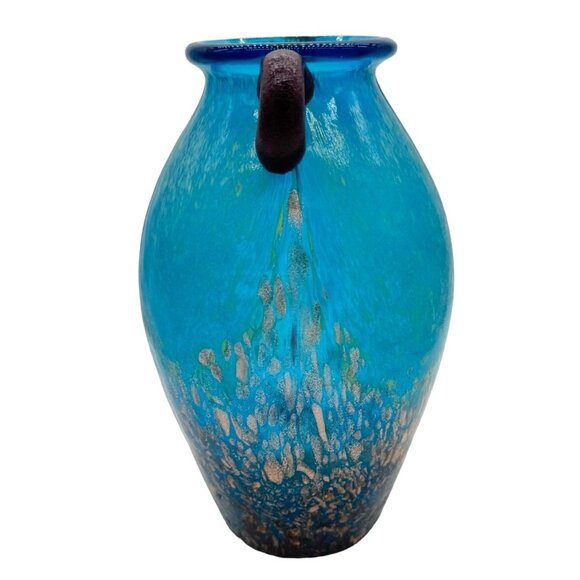 Dale Tiffany Favrile Art Glass Milano Amphora Blue 8" Urn Vase Copper Aventurine - Picture 4 of 6